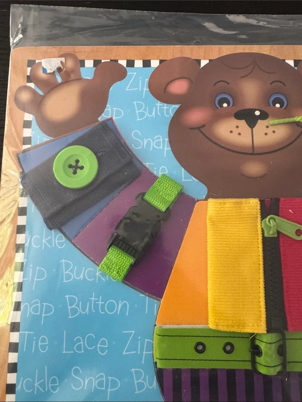 Melissa & Doug Bear wood puzzle life skills-zipper, buckle, snap, lace, button